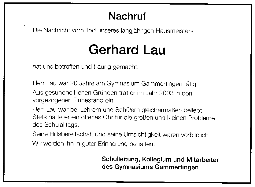 Nachruf des Gymnasium Gammertingen