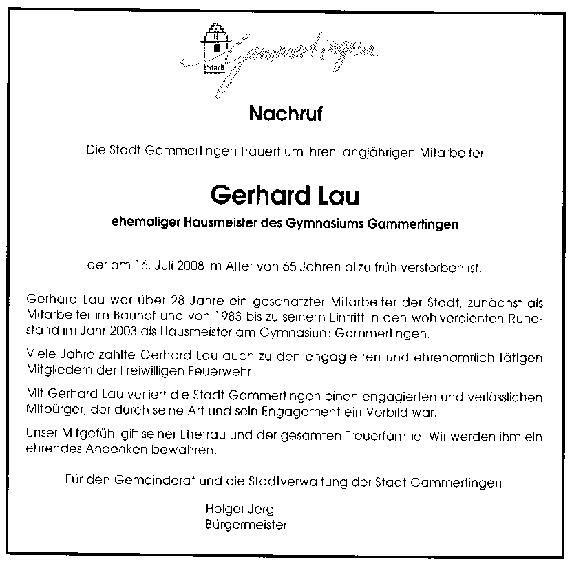 Nachruf der Stadtverwaltung